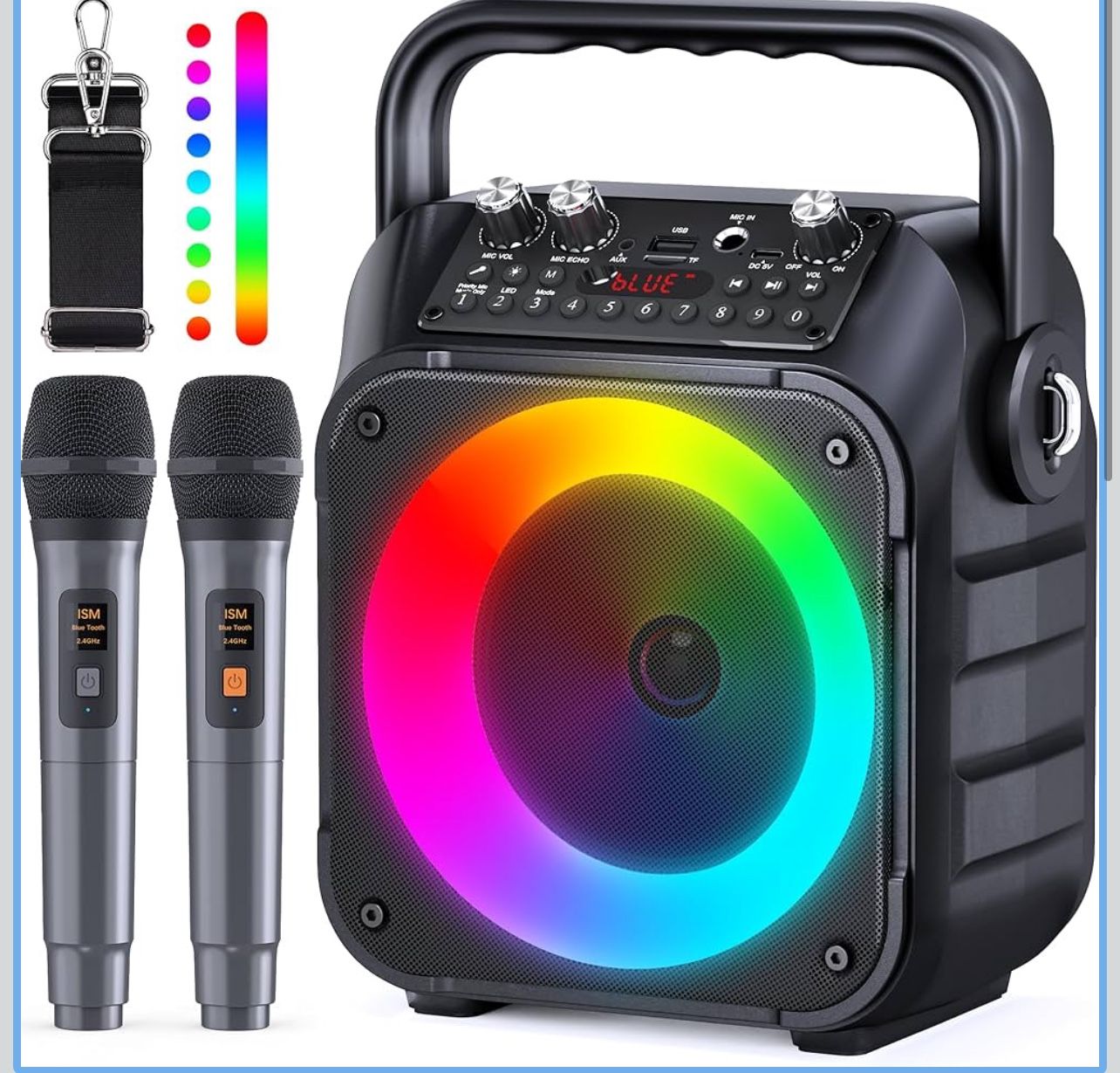 Karaoke Machine, Portable Bluetooth Speaker with 2 Wireless Microphones for Adults & Kids with Lights, Karaoke Microphone with PA System Supports USB/