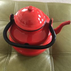 Vintage Enamel Kettle In Red  - Shabby Chic Rustic Farmhouse Style