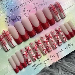 Long square press on nails red glitter matte white french tip Christmas