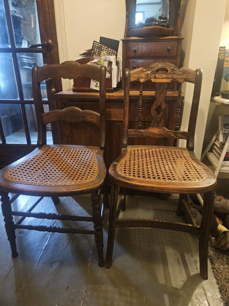 2 Beautifully Re-caned Antique Chairs. Same Size Slightly Different Design