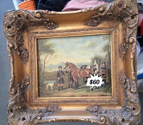 Antique FRAMED 15 x 15  PRINT OF HORSE AND MASTER similar to John Herring art. Beautiful Antique Ornate Frame....asking $60.00