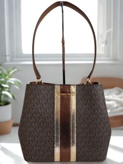 Michael Kors Pratt Medium Signature Logo and Metallic Shoulder Brown Bag