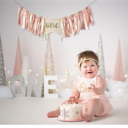 Pink Gold One Highchair Banner - Pink Birthday Party Decoration, Gold One High Chair Banner For 1st Birthday Girl, Cake Smash Photo Prop, Baby Shower 