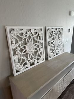 Set of 2 Large Carved Wood Floral Wall Art Panels – 30" × 30"