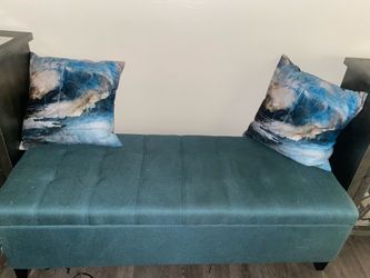 Teal Seated Bench with Storage and Throw Pillows