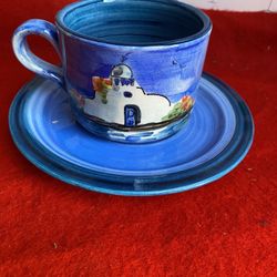 Hand Painted Blue Greek Ceramic Cup & Plate Set Imported From Greece 