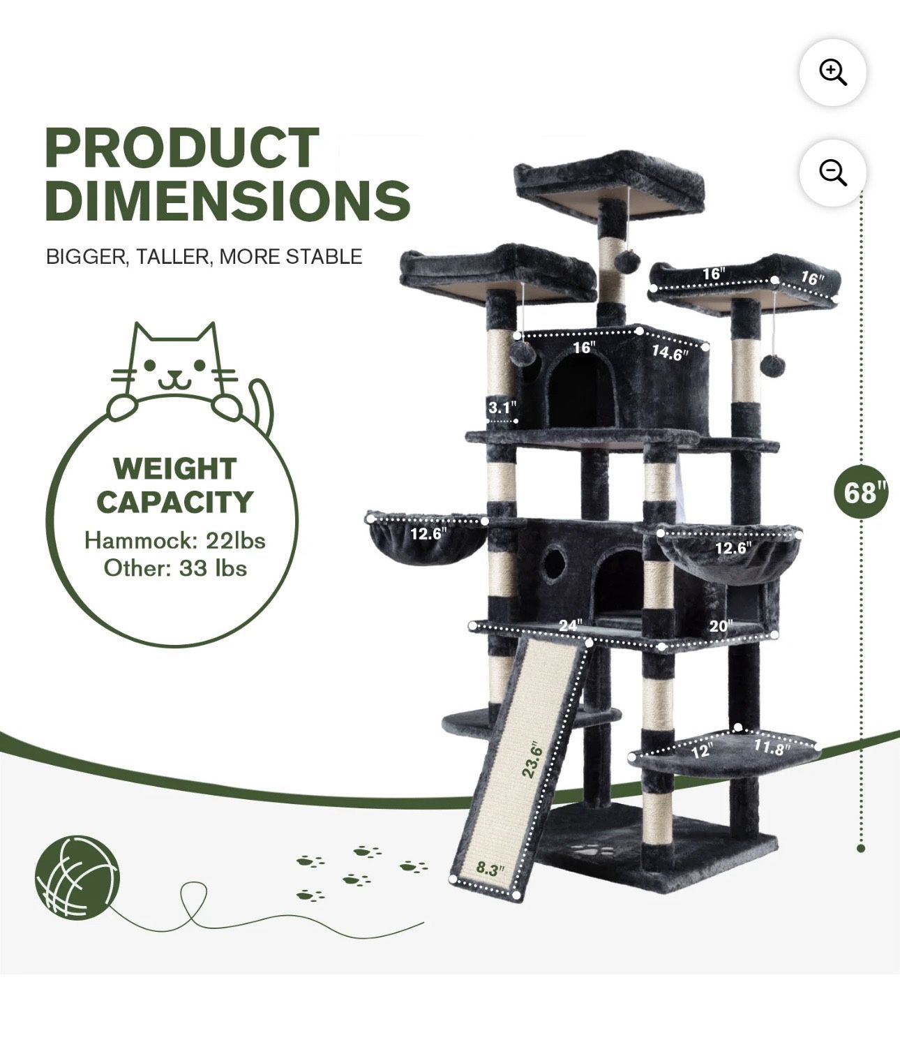 68" Multi-Level Functional Cat Tree with Perch Hammocks & Scratching Posts, Dark Grey  Multi-Level Design: Multiple platforms and resting ar