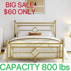 Queen Size Metal Platform Bed Frame with Victorian Vintage Headboard
