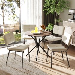 Homy Casa Fontana 5 Piece Dining Table Set 31.5” Walnut Brown Table with 4 Pomona Upholstered Chairs, Beige