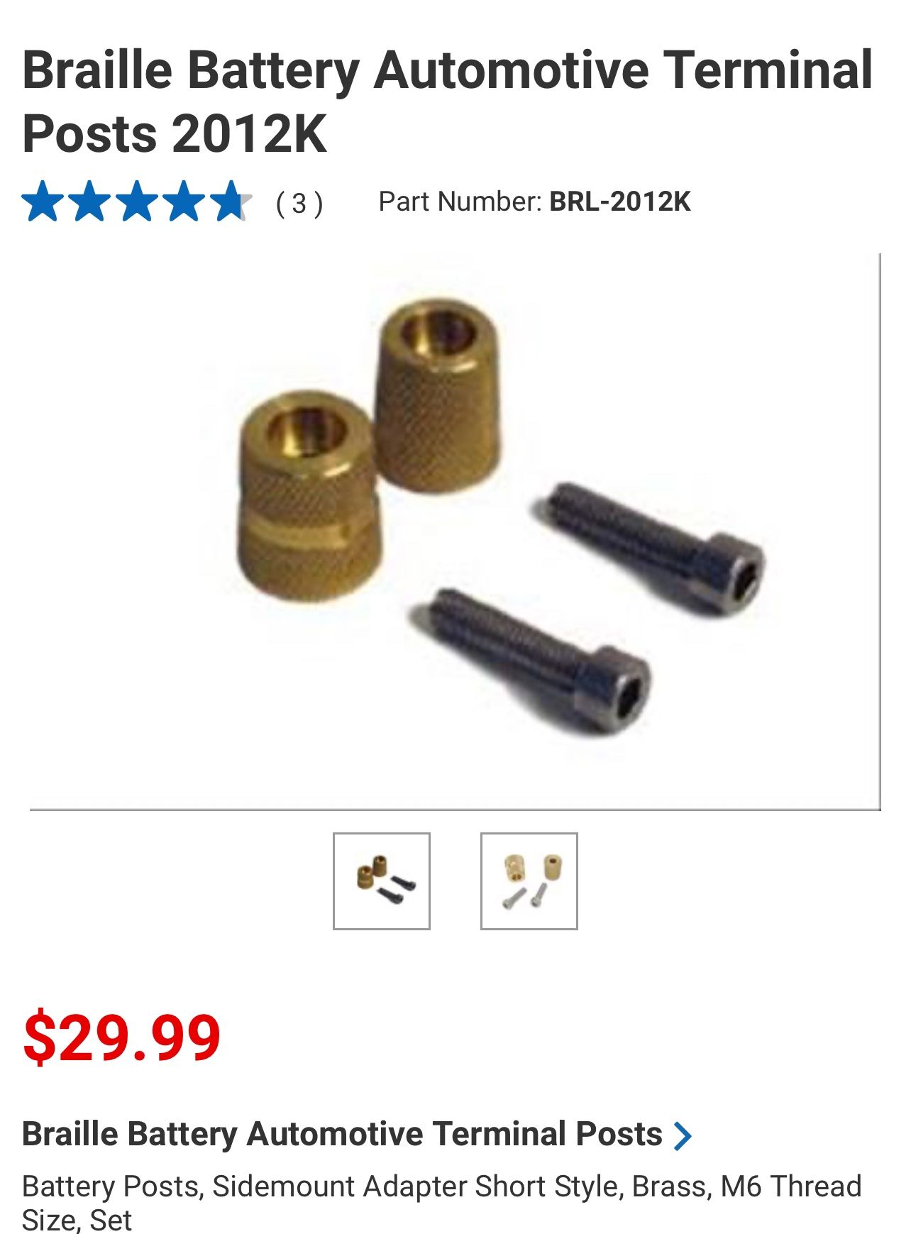 Braille 12V Battery Post Adapter Solid Brass
