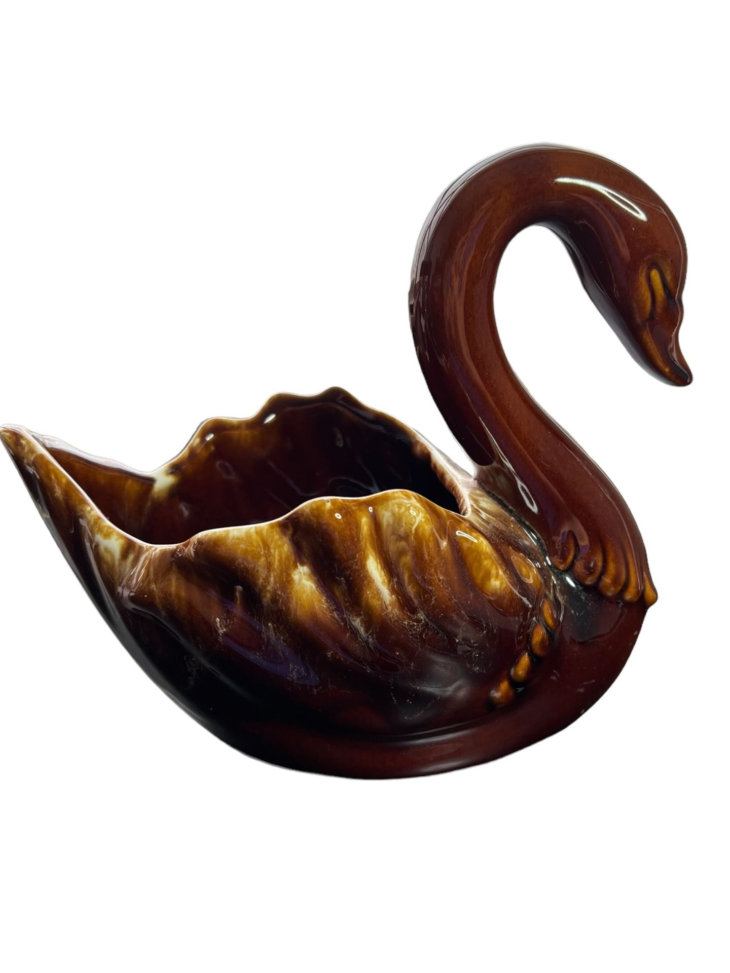 VTG. HULL POTTERY MIRROR BROWN DRIP GLAZE SWAN PLANTER F71