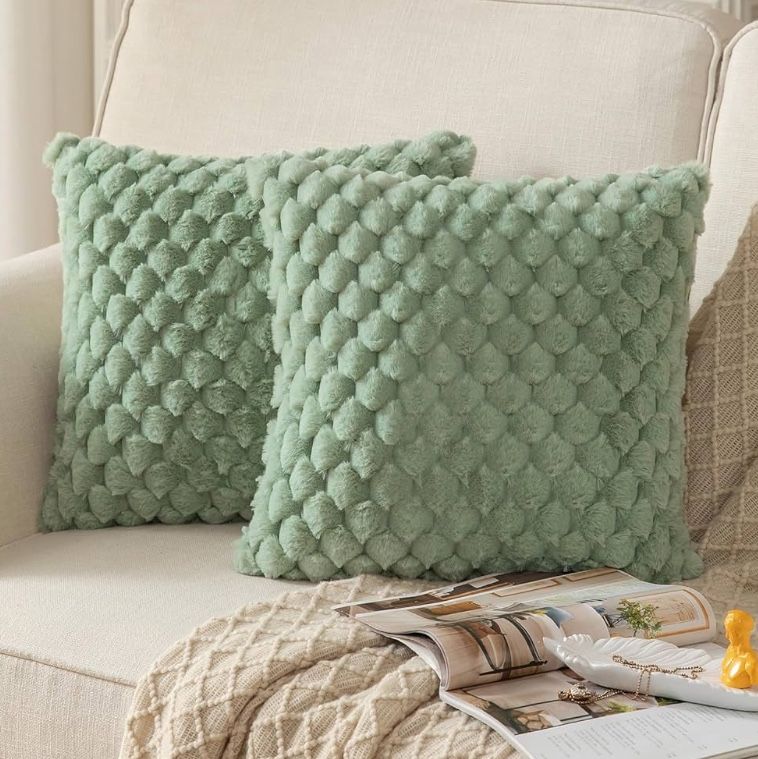 MANDIOO Faux Fur Sage Green Super Soft Fluffy Velvet Backed Pillow Covers. 18āX18āā. Inserts Not Included.