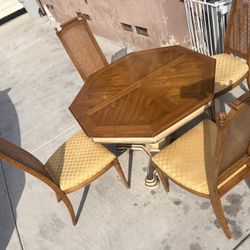 MCM vintage wood Dinner table Set with 4 Chairs and 2 leafs + Table cover Original HERITAGE FURNITUR