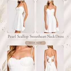 Pearl Scallop Sweetheart Neck Dress White