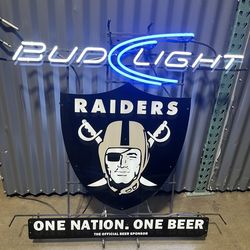 Huge Raiders, Bud Light neon sign, NFL man cave bar