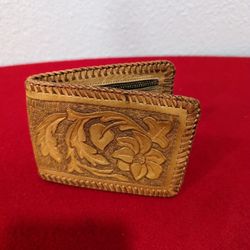 Western Tan Tooled Bi-Fold Wallet with Lace Trim

