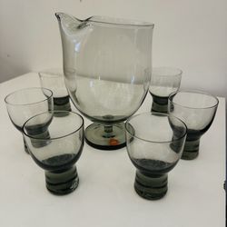 Vtg Holmegaard Elsinore Smoke Gray Martini Pitcher, 6 Liqueur Glasses Danish MCM