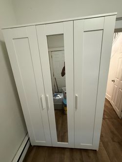 Modern White 3-Door Wardrobe Armoire with Full-Length Mirror – $75