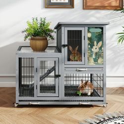 Wooden Rabbit Hutch, Small Animal Outdoor Pen with 4 Casters, Cleaning Trays and Run