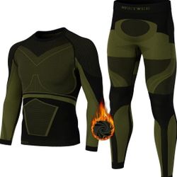 Men's Thermal Underwear Set, Winter Ski Gear Fleece Lined Long Johns Base Layer Warm Top & Bottom for Skiing Size SMALL
