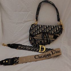 Christian Dior Oblique Saddle Bag W/ Navy Blue Canvas