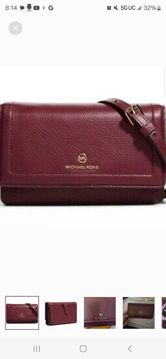  Michael Kors Jet Set Charm Pebbled Dark Berry Leather Phone Crossbody Bag