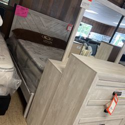Brand new headboard, footboard rails, dresser, mirror, chest and nightstand for 999