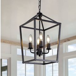 4-Light Black Farmhouse Chandelier Light Fixture Iron Lantern Pendant Light Metal Cage Kitchen Hanging Light Fixtures for Kitchen Island, Dining Room,