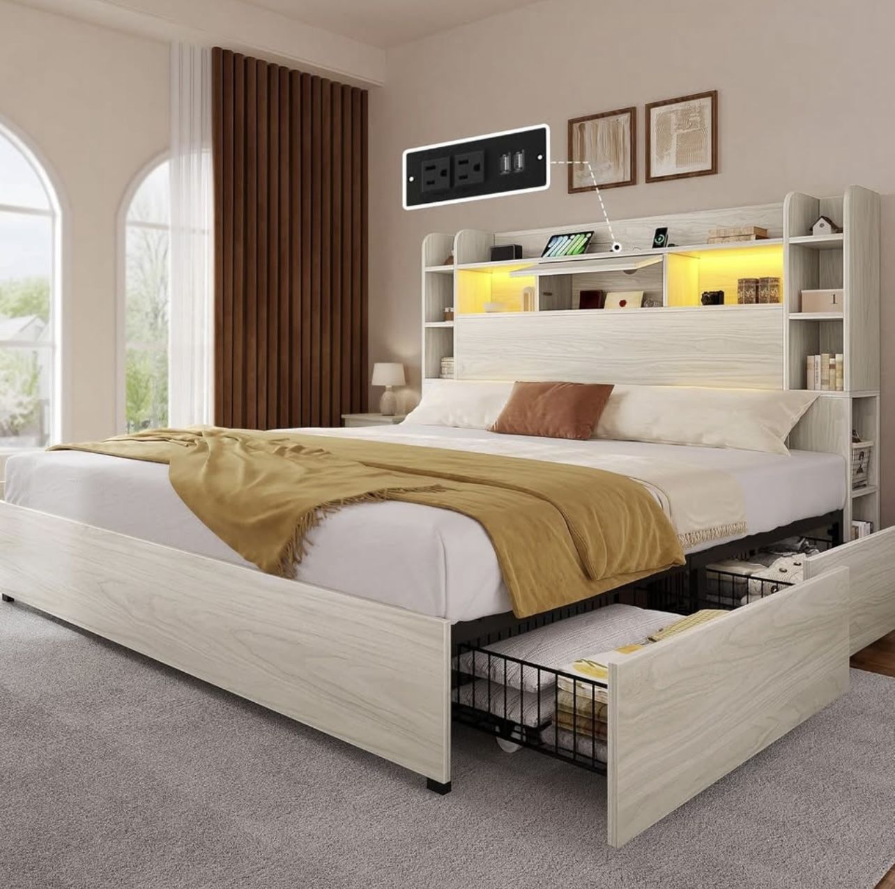 **TODAY ONLY**BED FRAME KING SIZE WITH BOOKCASE HEADBOARD STORAGE DRAWERS AND LED LIGHTING BRAND NEW IN BOX!!!