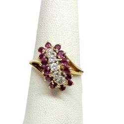 14K Yellow Gold Lady's Ruby/Diamond Cluster Ring | Size 7.25 | 5.7g