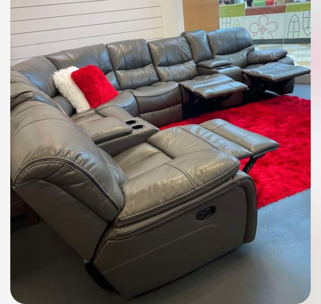 Limited time. Madrid gray modular leather reclining sectional only $1599. Easy finance option. Same day delivery.