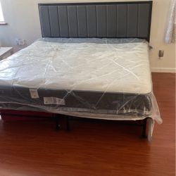 King Size Metal Frame And New Mattress 