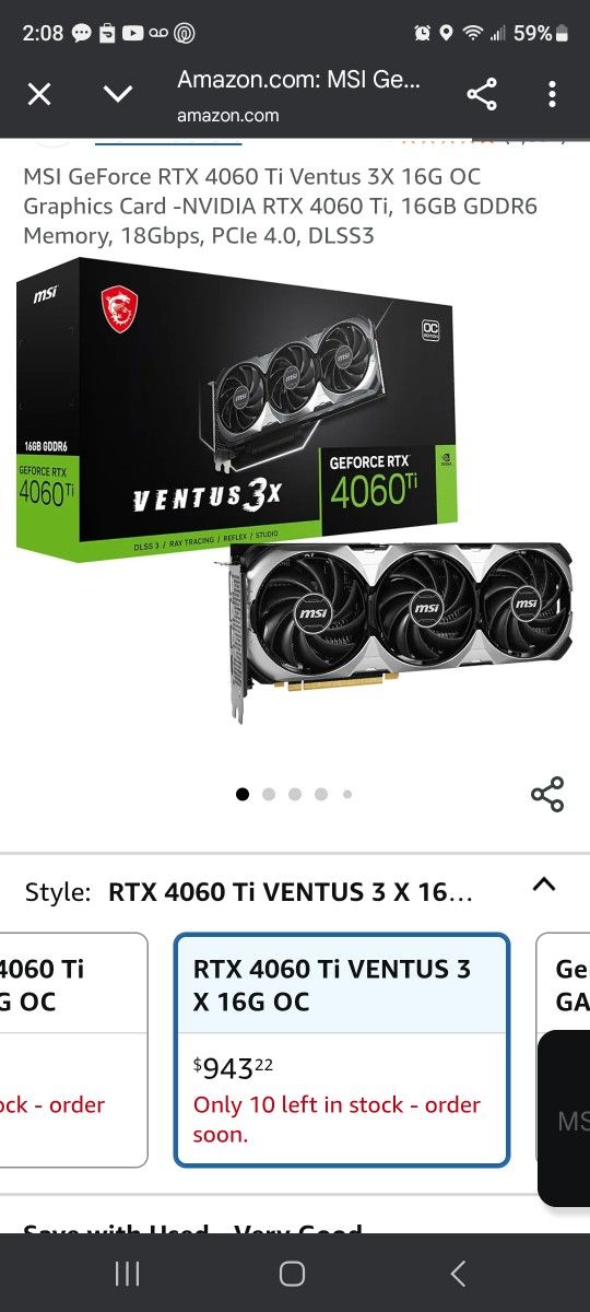 RTX 4060ti 16gb Ventus OC Edition (white)