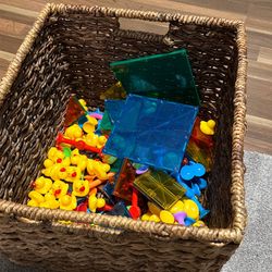 Magna tiles, suction darts and rubber duckies “box not included”