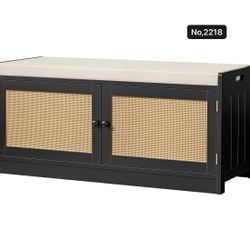 Entryway Shoe Bench with Storage, 2 Doors 2-Tier Rattan Shoe Cabinet with Padded Cushion & Adjustable Shelves, Boho Shoe Organizer Storage Bench for H