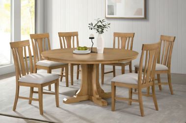 ☠️ Round Dining Set 7 Pc, Natural Light Brown, Fabric, New in the Box.