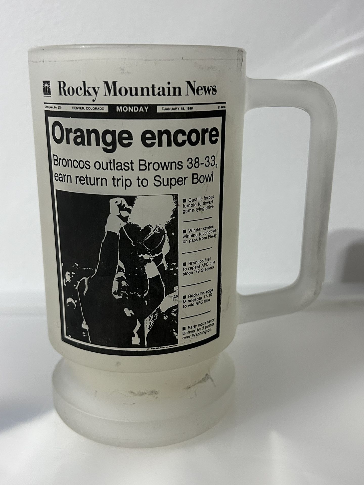 1988 Denver Broncos Vintage Mug Headline "Super Bowl Bound" Rocky Mountain News