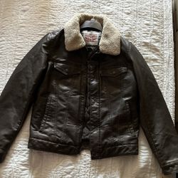 Levi Strauss Mens Faux Leather Coat Sherpa Lined Bomber Jacket Distressed Size S