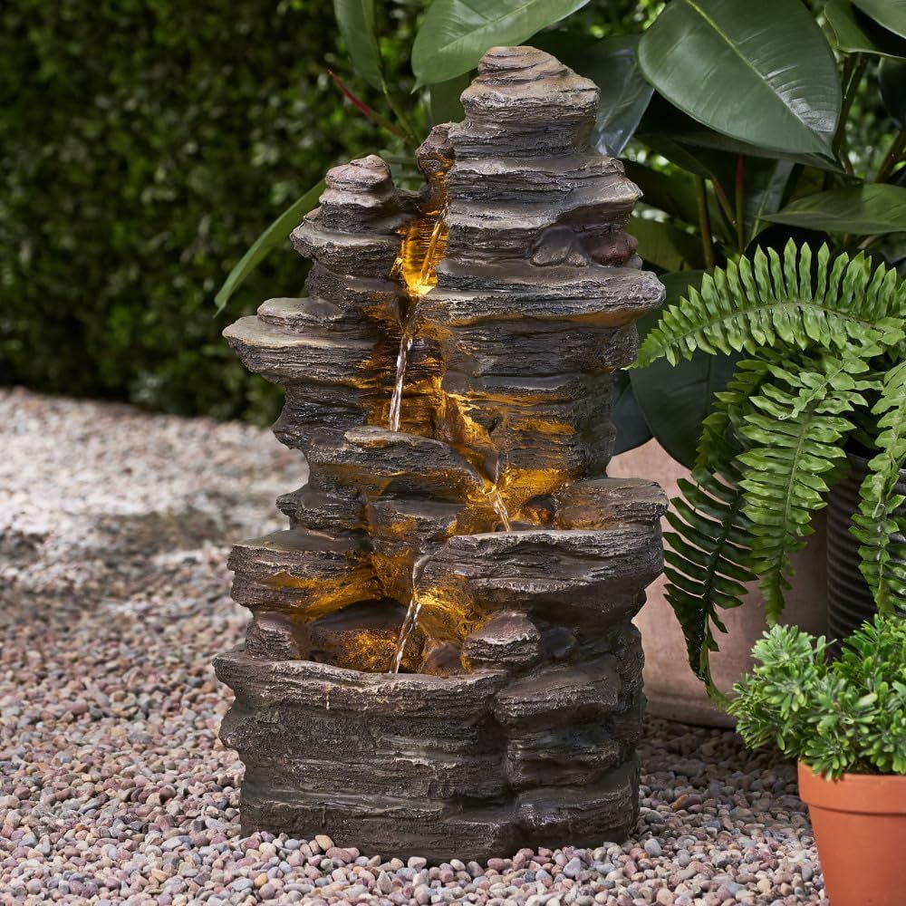 24" 4-TierRock (Faux) Outdoor Water Fountain w/ LED Lights   [NEW] **Retails for $186