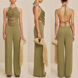 NWT Cult Gaia Kora tea green viscose high waist trousers pants size US 6 S small