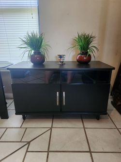 Modern Black Media Console with Glass & Wood Doors Lower Storage