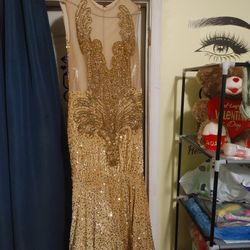 Gold Velvet Sequins Prom Dress
