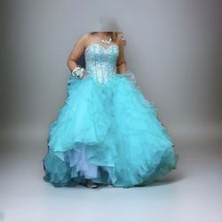 Mori Lee Princess Ball Gown Prom Dress Turquoise Rhinestone  Quinceanera