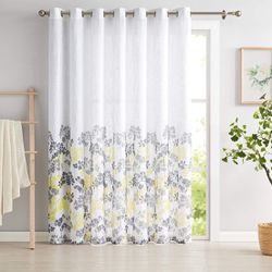 New! Sliding Door Curtain 100-inch Extra Wide for Patio Room Divider, Yellow Grey Patterned on White Sheer Linen Texture Window Treatment with Grommet