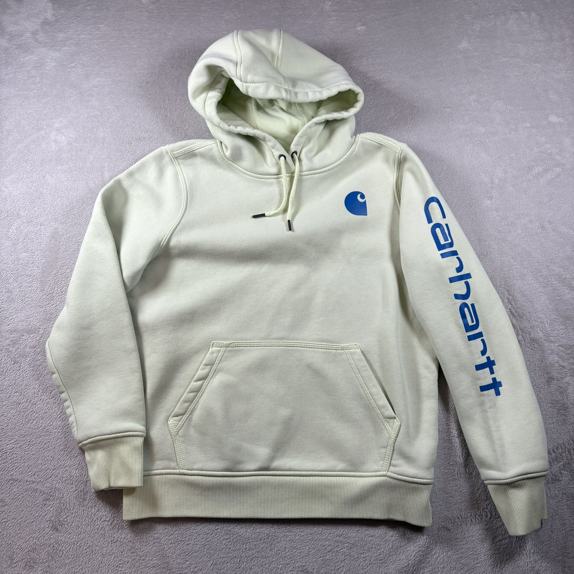 Carhartt Women’s Hoodie Mint Green Size M 8-10 Spellout Logo Blue Pocket #3507