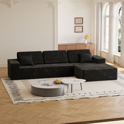 $560 Compressed RIGHT HAND FACING Chaise Modular Wide Square Armrests Comfortable and Convertible Sectional Sofa with 2 Throw Pillows Weights & Dimens