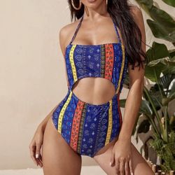 LAST ONE Gorgeous NEW tribal pattern halter one piece bathing suit - small
