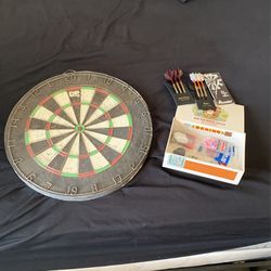 Dartboard With Vintage Darts And Extra Pieces 