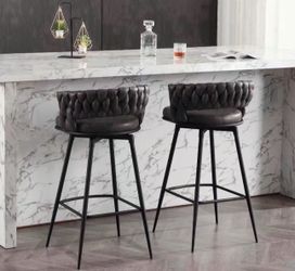 Modern Bar Stools Set of 2, 26" Bar Height Barstools, 180° Swivel Suede Fabric Stool Chairs with Woven Back and Footrest for Kitchen Island, Cafe, Pub