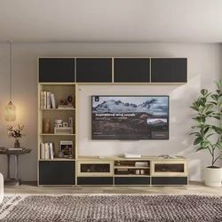 New Oak and Black TV Stand Entertainment Center Fits TVs up to 75 in. with Glass Doors, Wall Cabinet